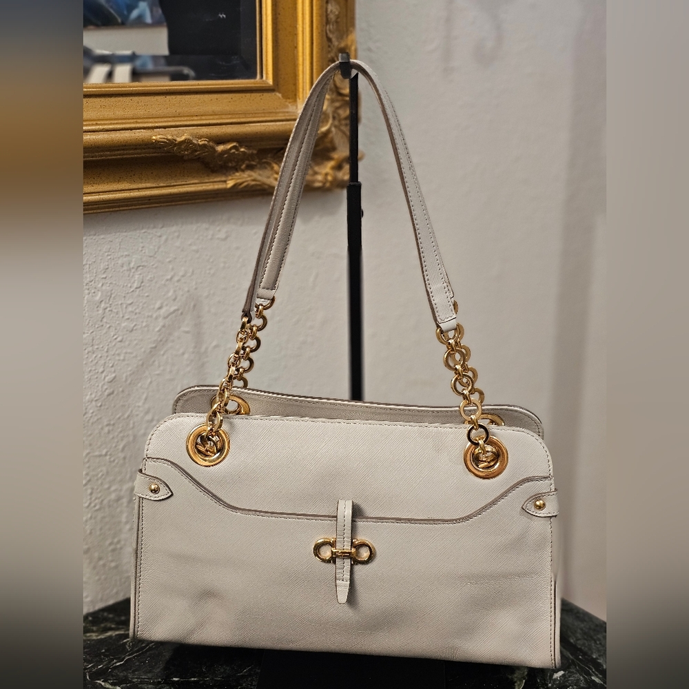 Salvatore Ferragamo Cream Shoulder Bag with Gold Chain